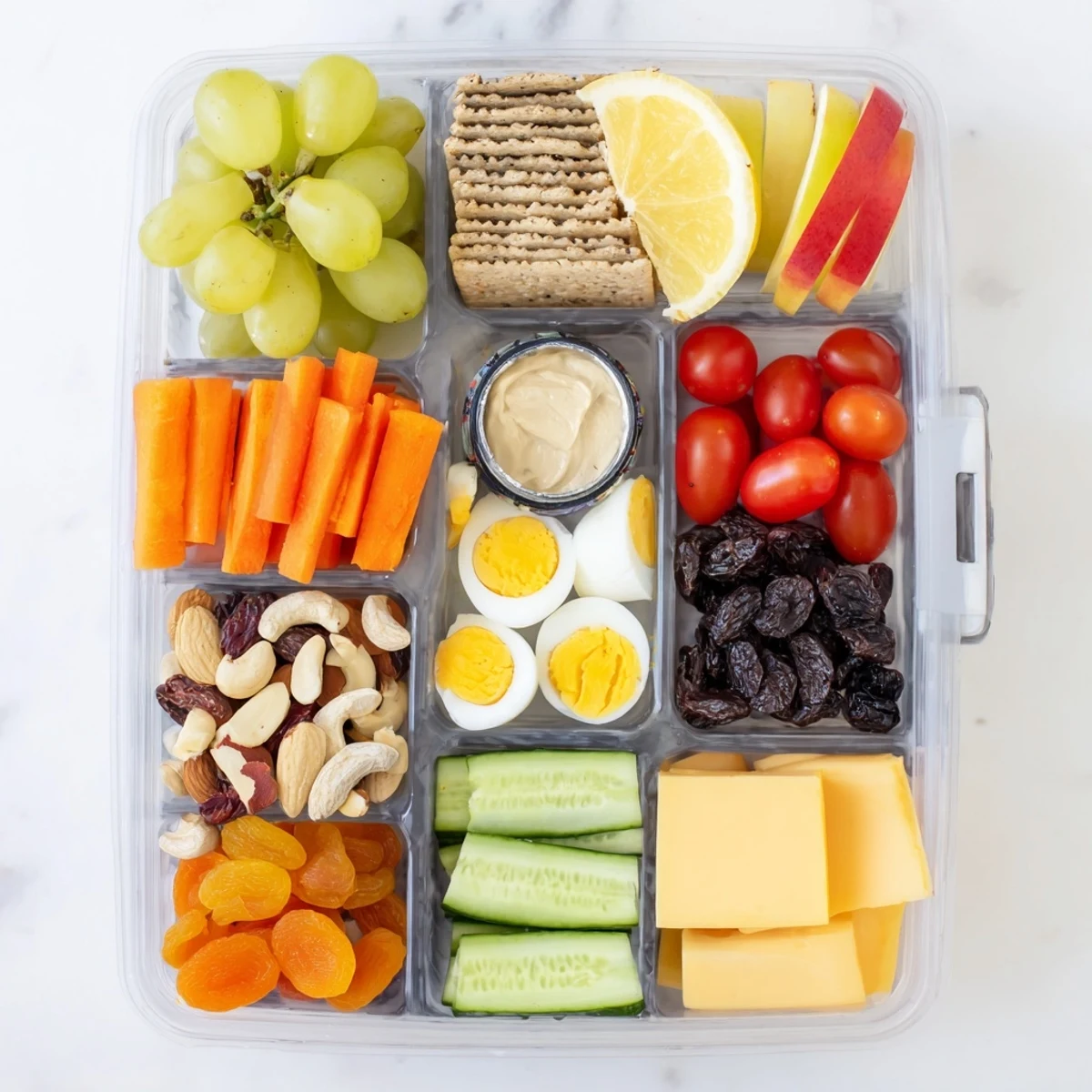 Road trip snack box featuring colorful fruits, cheese, and crackers, ready for a fun journey.
