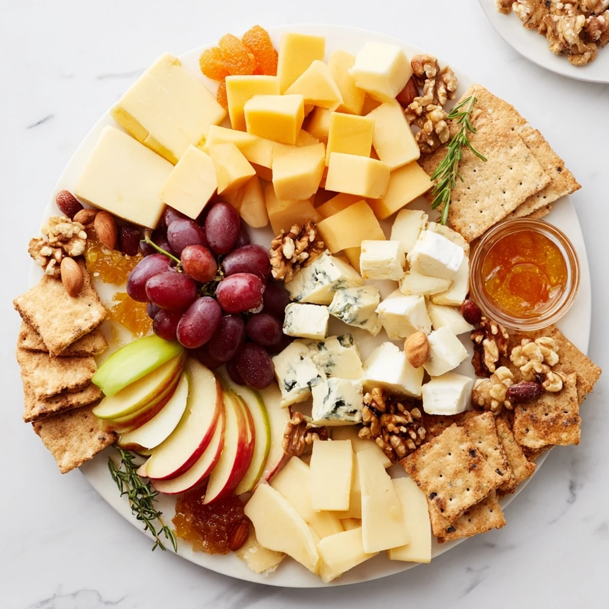An inviting Housewarming Open House Spread, overflowing with cheddar, brie, and delicious accompaniments.