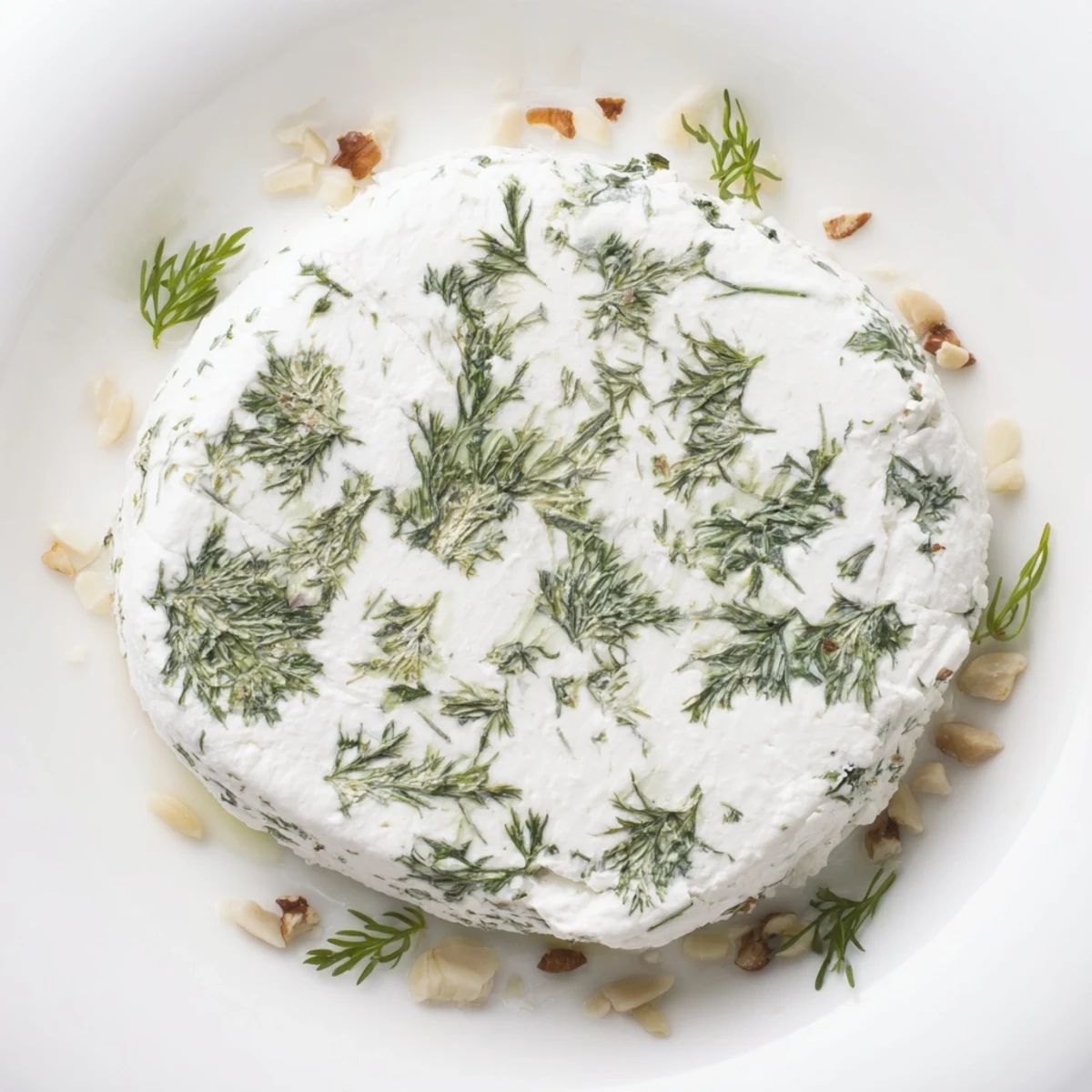 Appetizing "Fossil Record" appetizer with soft cheese and herb imprints, encircled by rustic nuts.