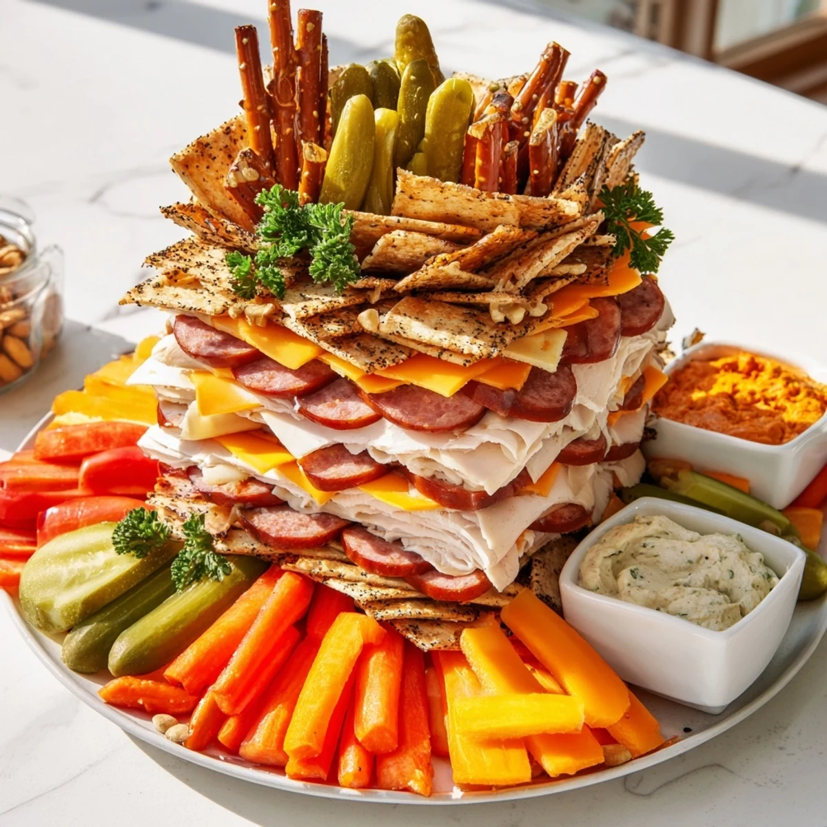 A loaded Tailgate Party Power Stack platter displays layers of meats, cheeses, crackers, and dips for easy snacking.