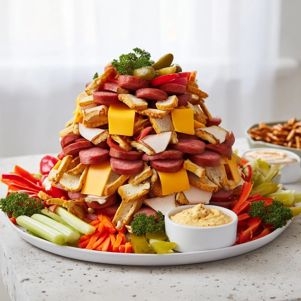 Savory Tailgate Party Power Stack appetizer, featuring smoky sausage, sharp cheddar, and various tasty dippings sauces.