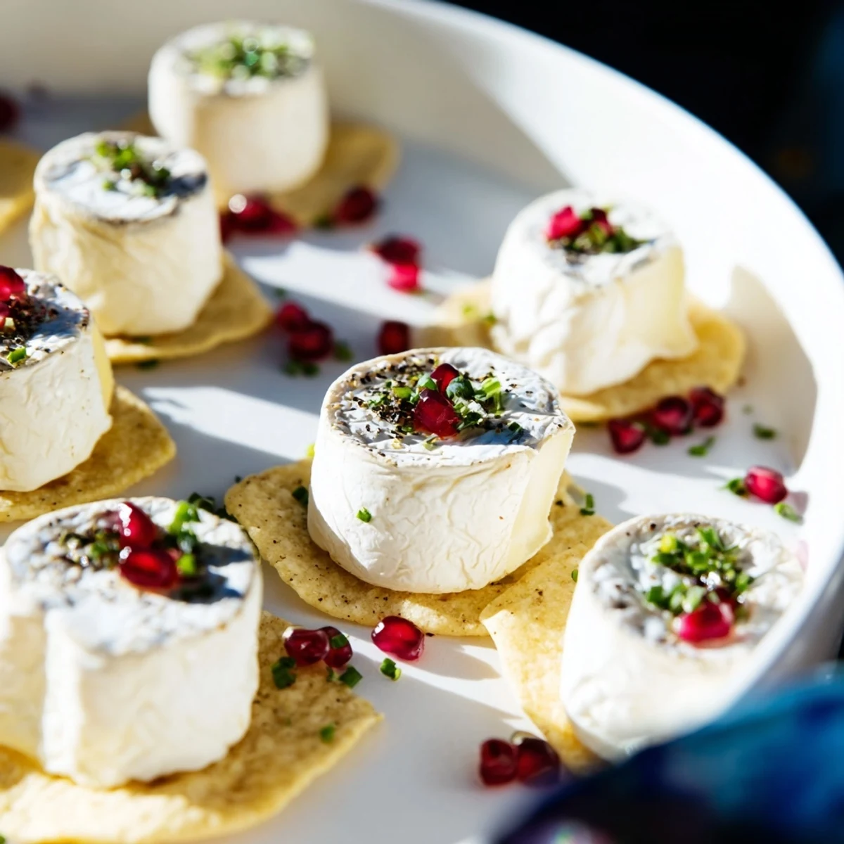 The Stepping Stones appetizer: layered cheese rounds resting on a river of blue corn chips, ready to eat.