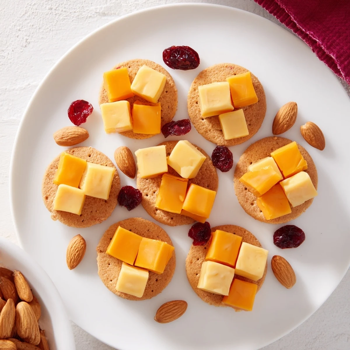 Enjoy a Work From Home Desk Treat: arranged crackers topped with cheese and optional cranberries, so simple!