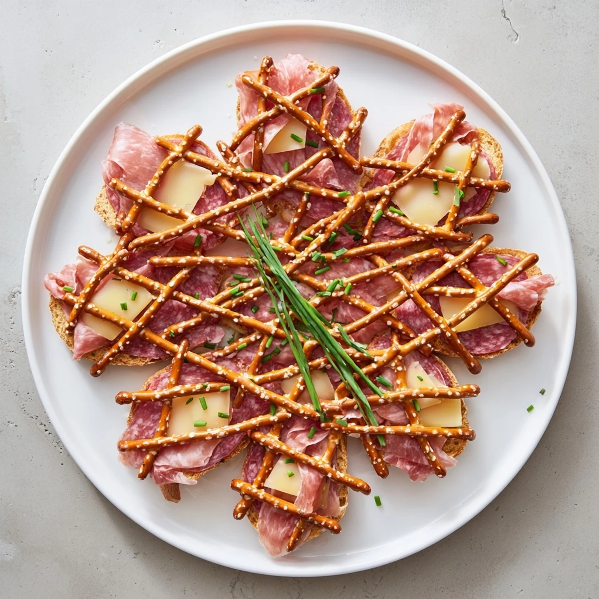 A close-up view of The Lattice Window appetizer showcasing a pretzel lattice over cured meats.