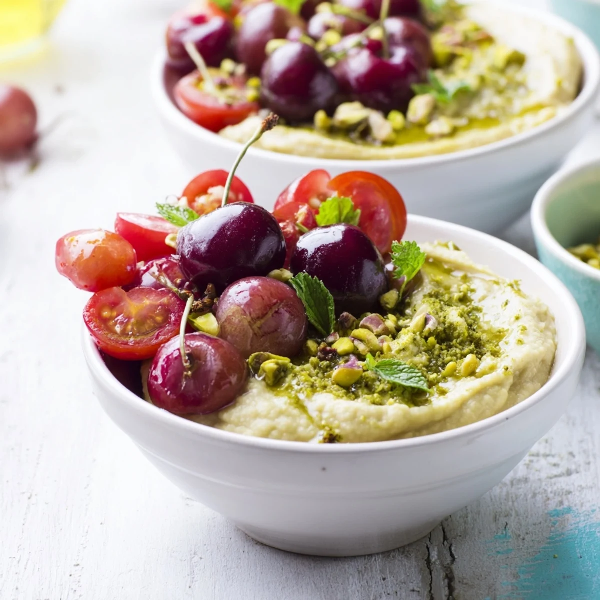 Vibrant Hanging Gardens appetizer with colorful fruits, veggies, cheese and dips, ready to serve.