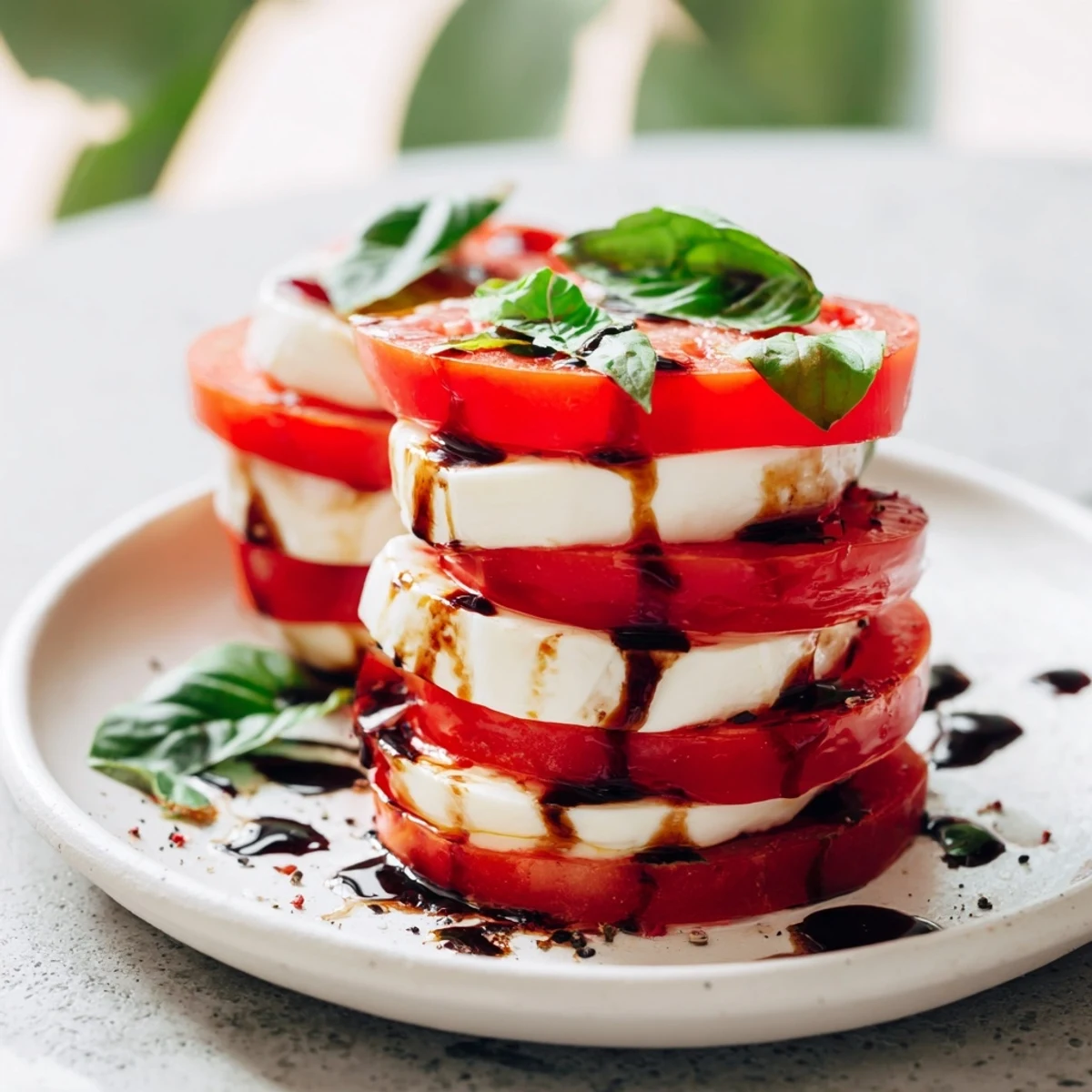 Vibrant Tuscan Pillar appetizer showcasing layered tomatoes, mozzarella, and basil drizzled with glaze.