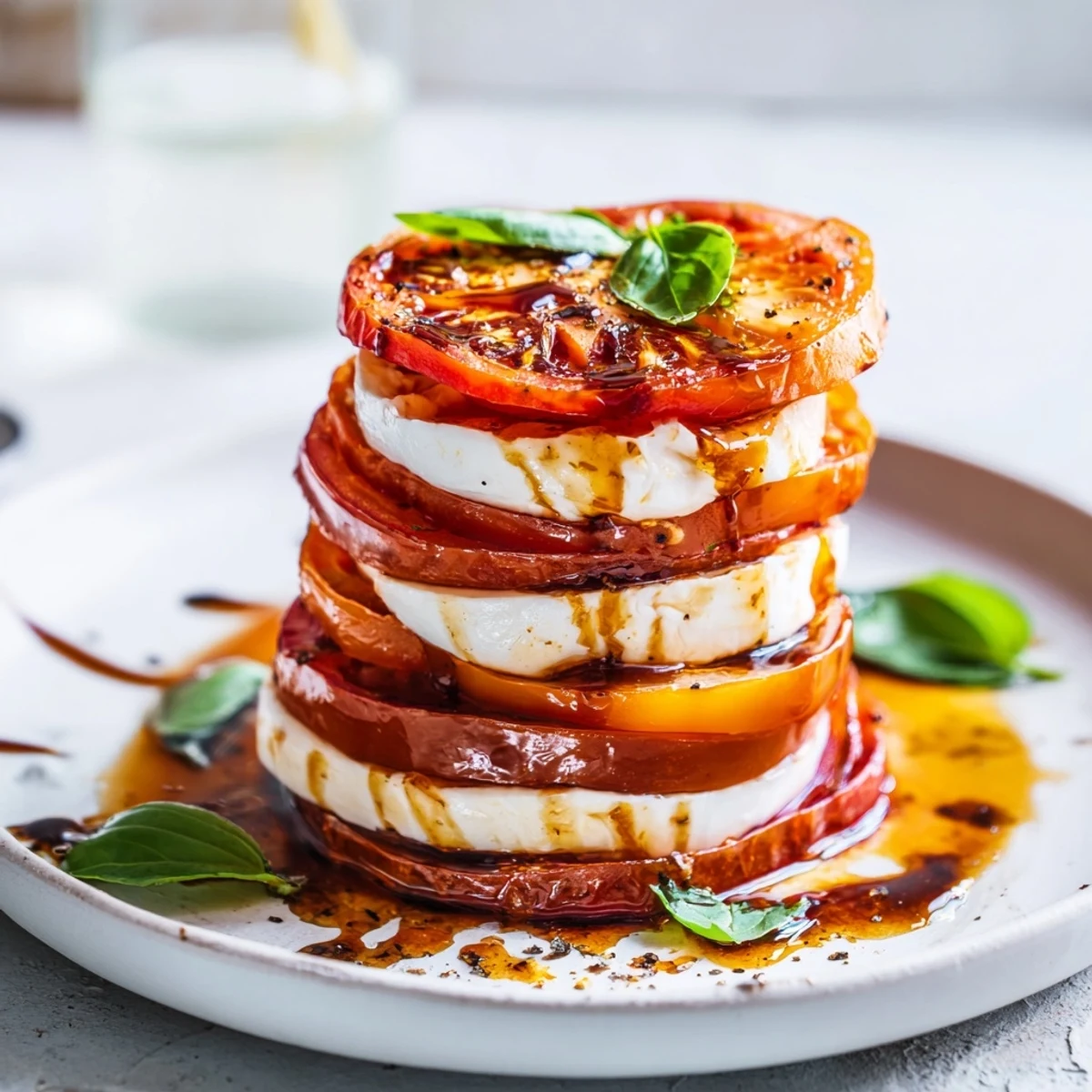 Elegant Tuscan Pillar, a colorful appetizer, drizzled olive oil, with stacked tomato and mozzarella.