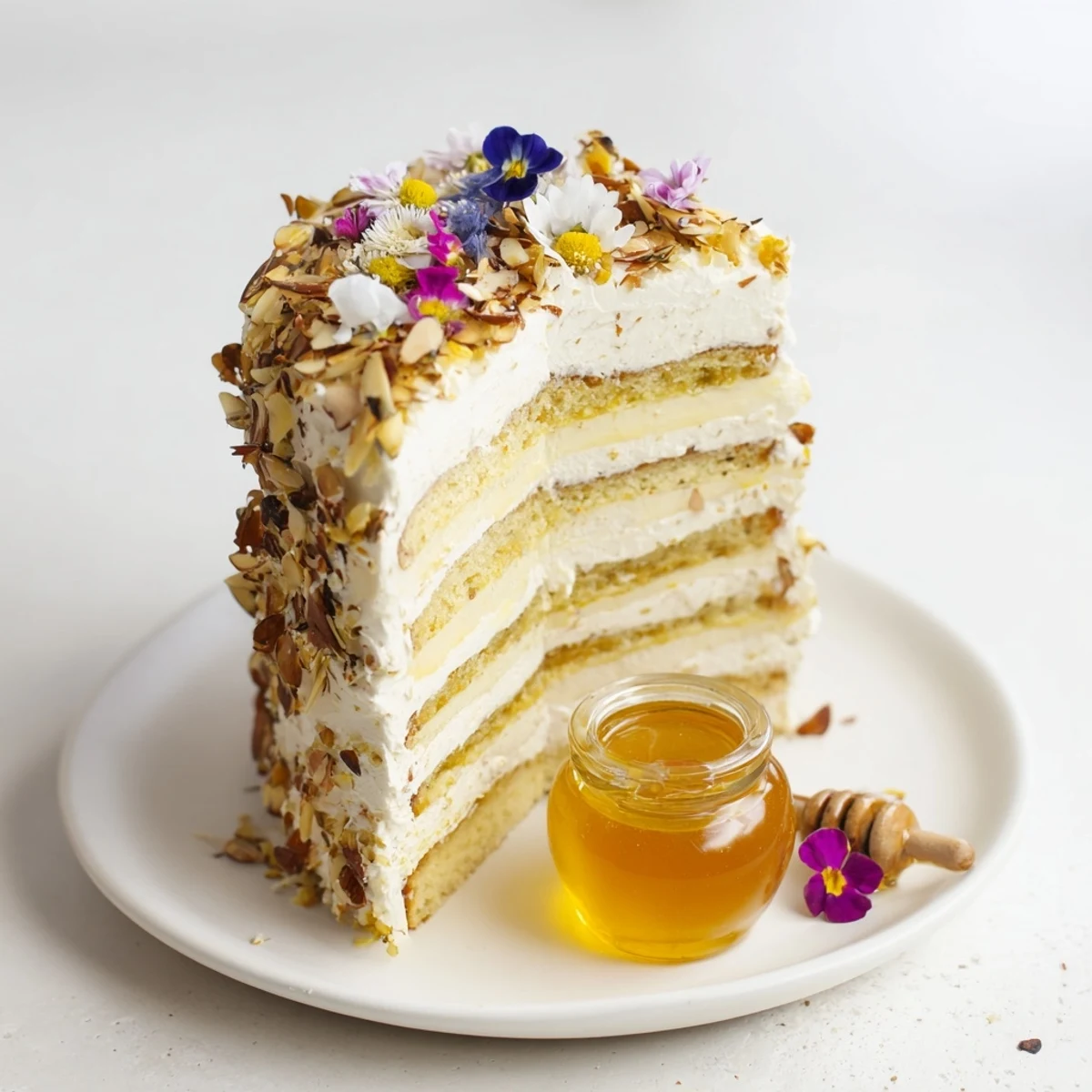 Golden-hued The Honey-Drip dessert, layered cake surrounding a pot of flowing, glistening honey, ready to serve.