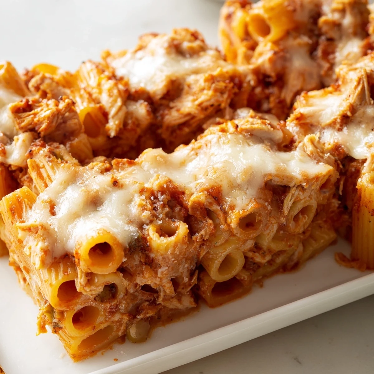 A steaming dish of Moist Maker Pasta Casserole, with golden cheese and bubbling gravy visible.