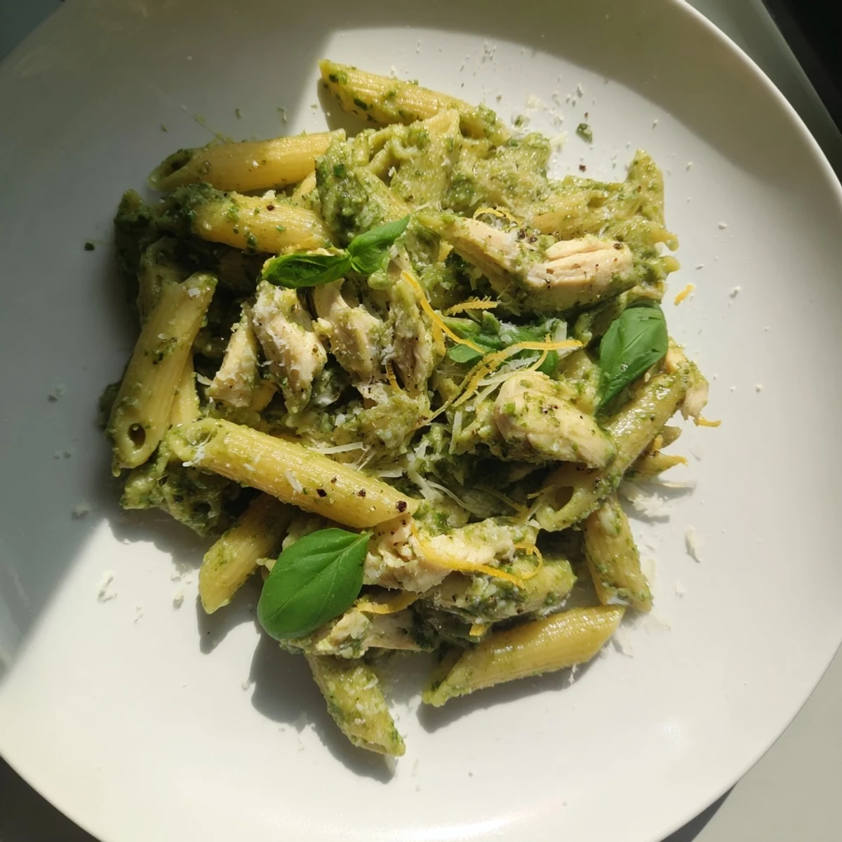 Steamy bowl of 10-Minute Pesto Pasta with Chicken, tossed in vibrant pesto and Parmesan cheese.