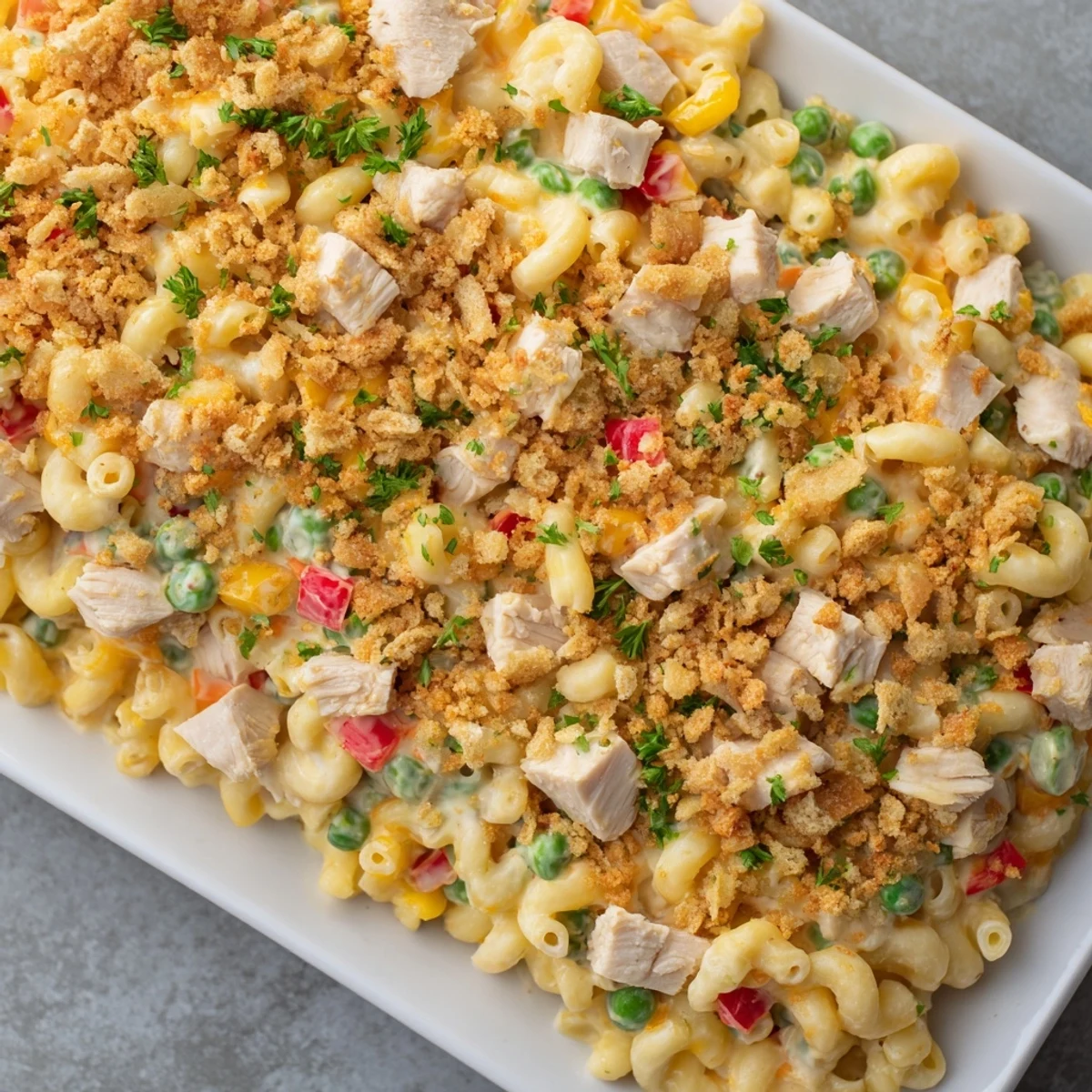 Golden-brown Chicken Macaroni Southern Style bake with bubbly cheese and visible vegetables.