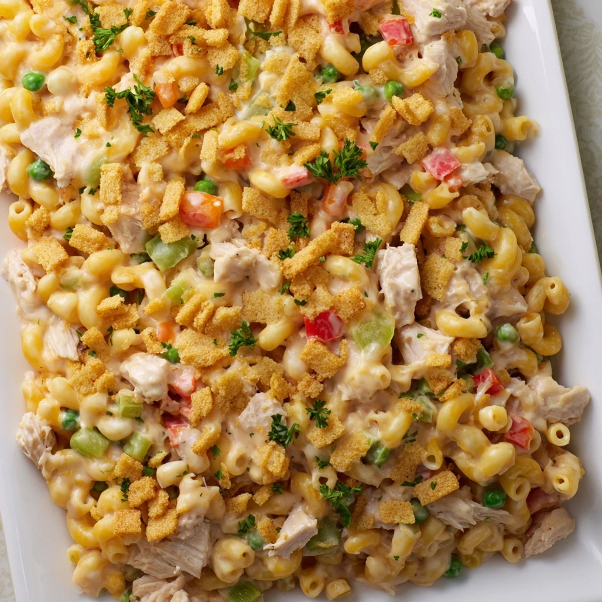 Creamy Chicken Macaroni Southern Style casserole, loaded with shredded chicken and a rich cheese sauce.