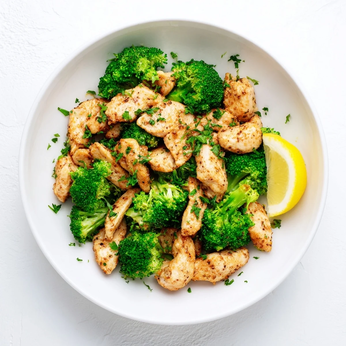 Tender Microwave-Steamed Chicken and Broccoli plated, ready to eat with fresh parsley and lemon.