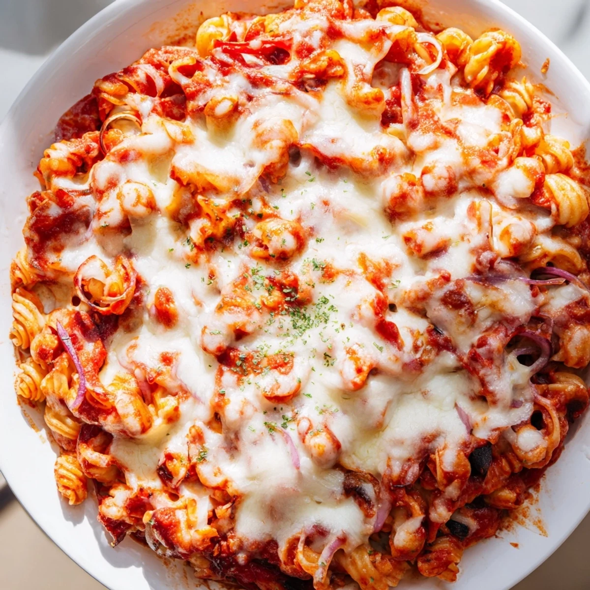 Steaming one-pot pizza pasta, bubbly cheese and savory pepperoni with fresh bell peppers.