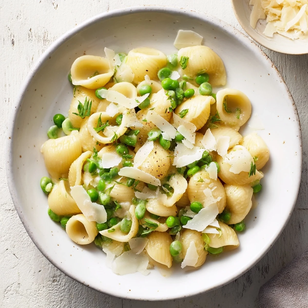 Steaming bowl of Garlic Butter Ditalini with peas, showcasing golden pasta and bright green peas.