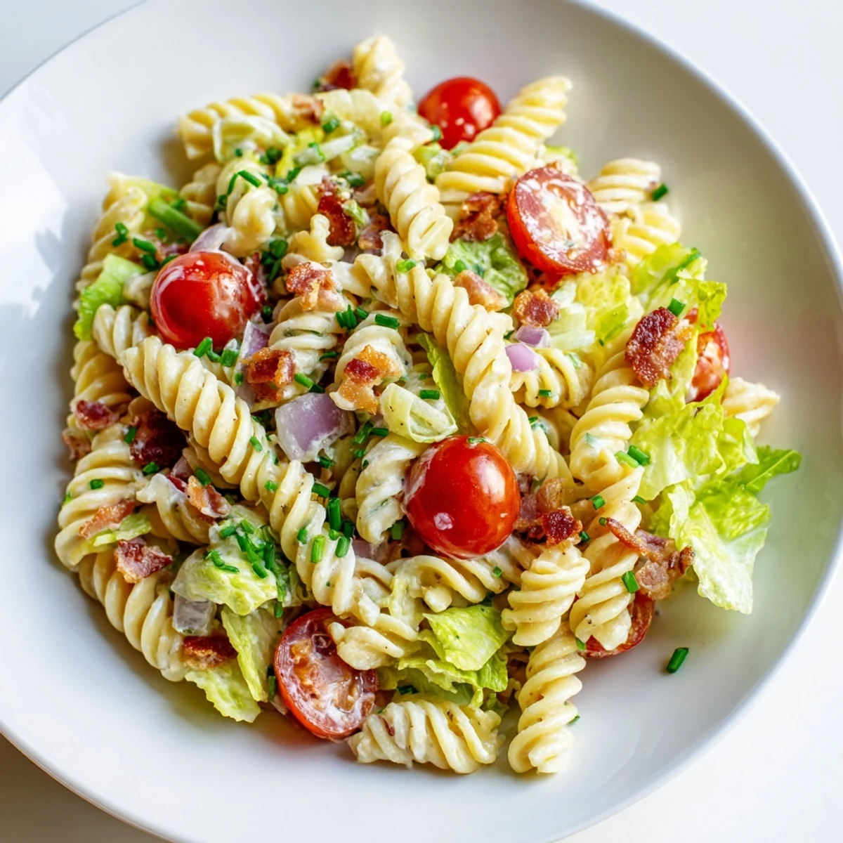 BLT Pasta Salad, overflowing with pasta, crispy bacon, and creamy dressing, perfect for summer.