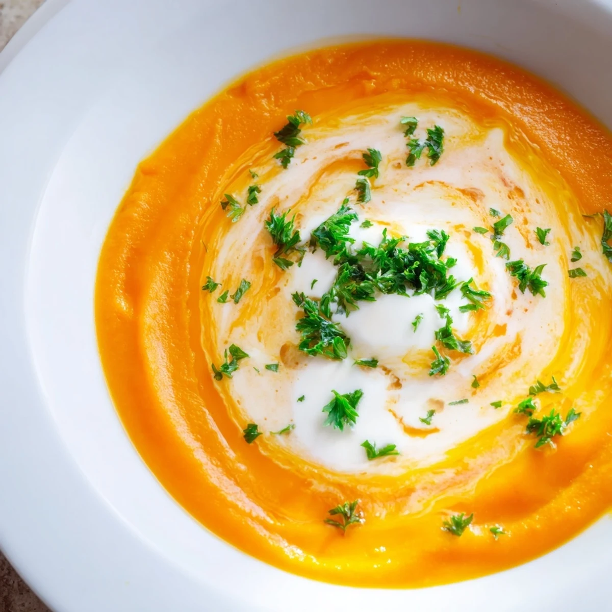 Creamy, vibrant Sweet Maple Carrot Soup swirled in a bowl, garnished with fresh parsley.