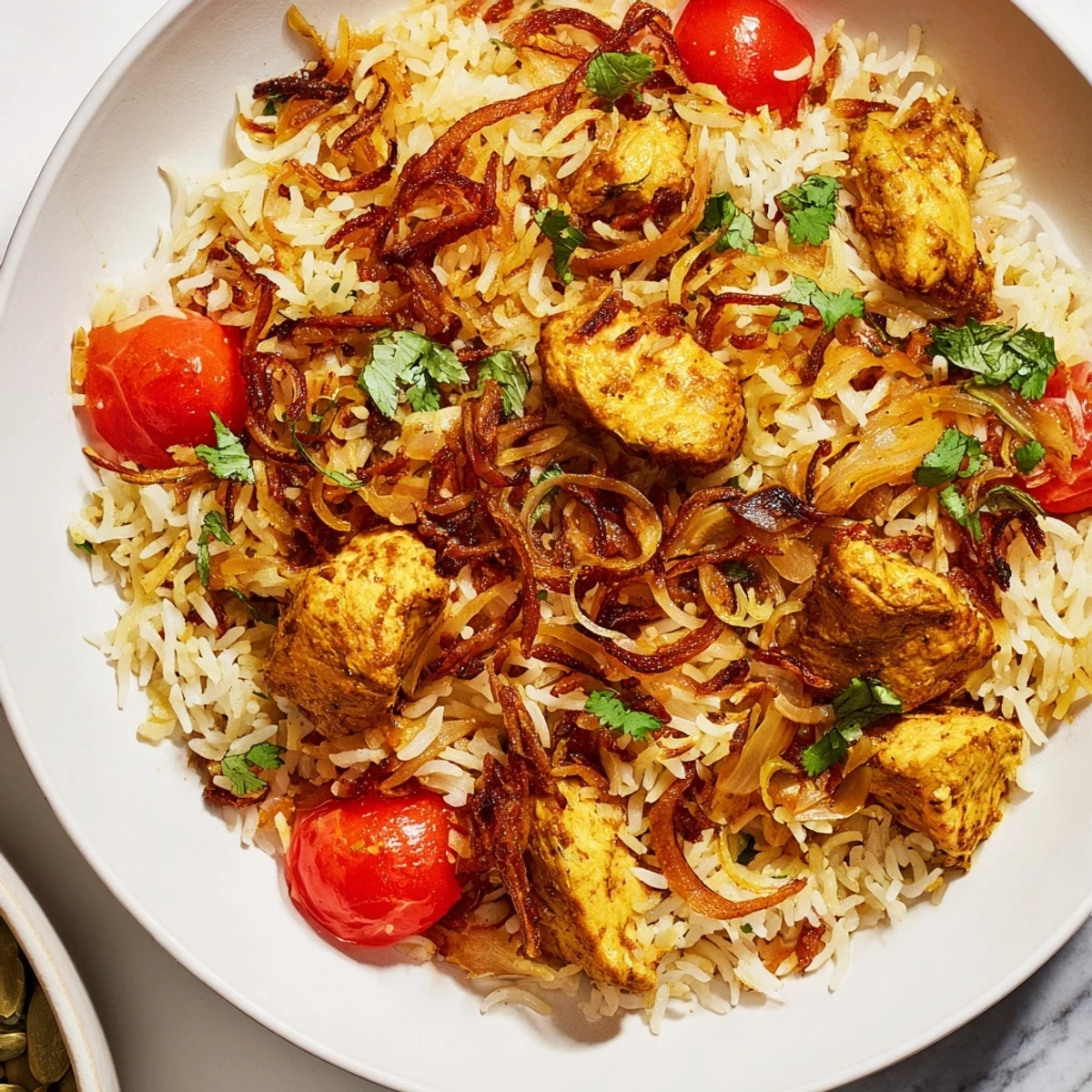 Vibrant image of Easy Chicken Biryani with cilantro garnish, inviting you to enjoy this flavorful meal.