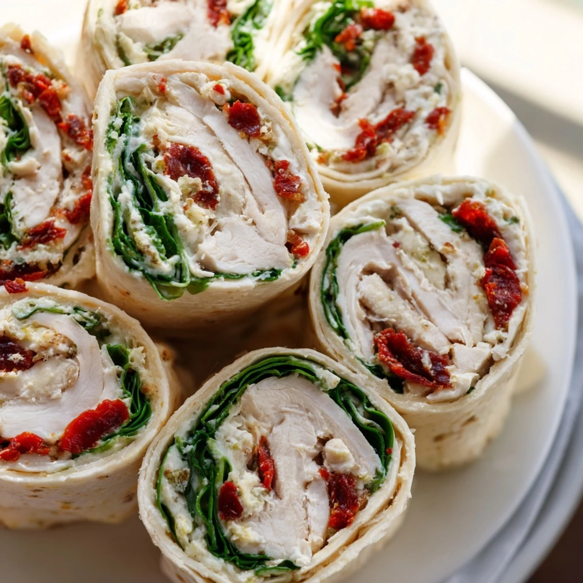 Vibrant sun-dried tomato turkey roll-ups, showcasing a creamy, cheesy interior with fresh spinach and herbs.