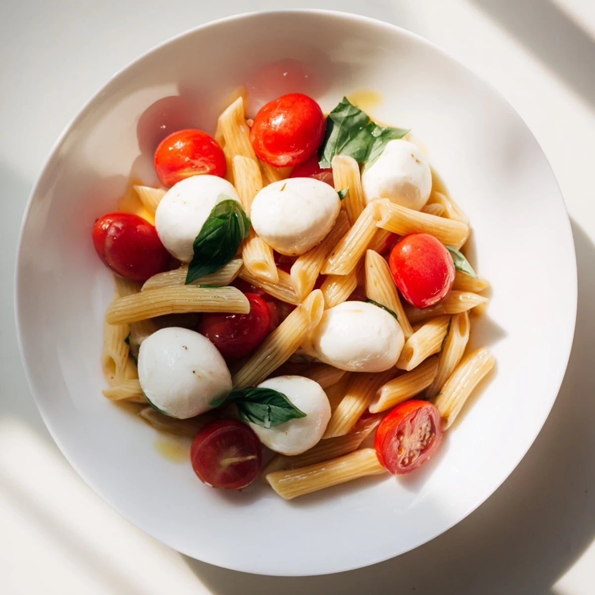 Vibrant Caprese Pasta Salad bursting with ripe tomatoes, creamy cheese, and a balsamic glaze drizzle.