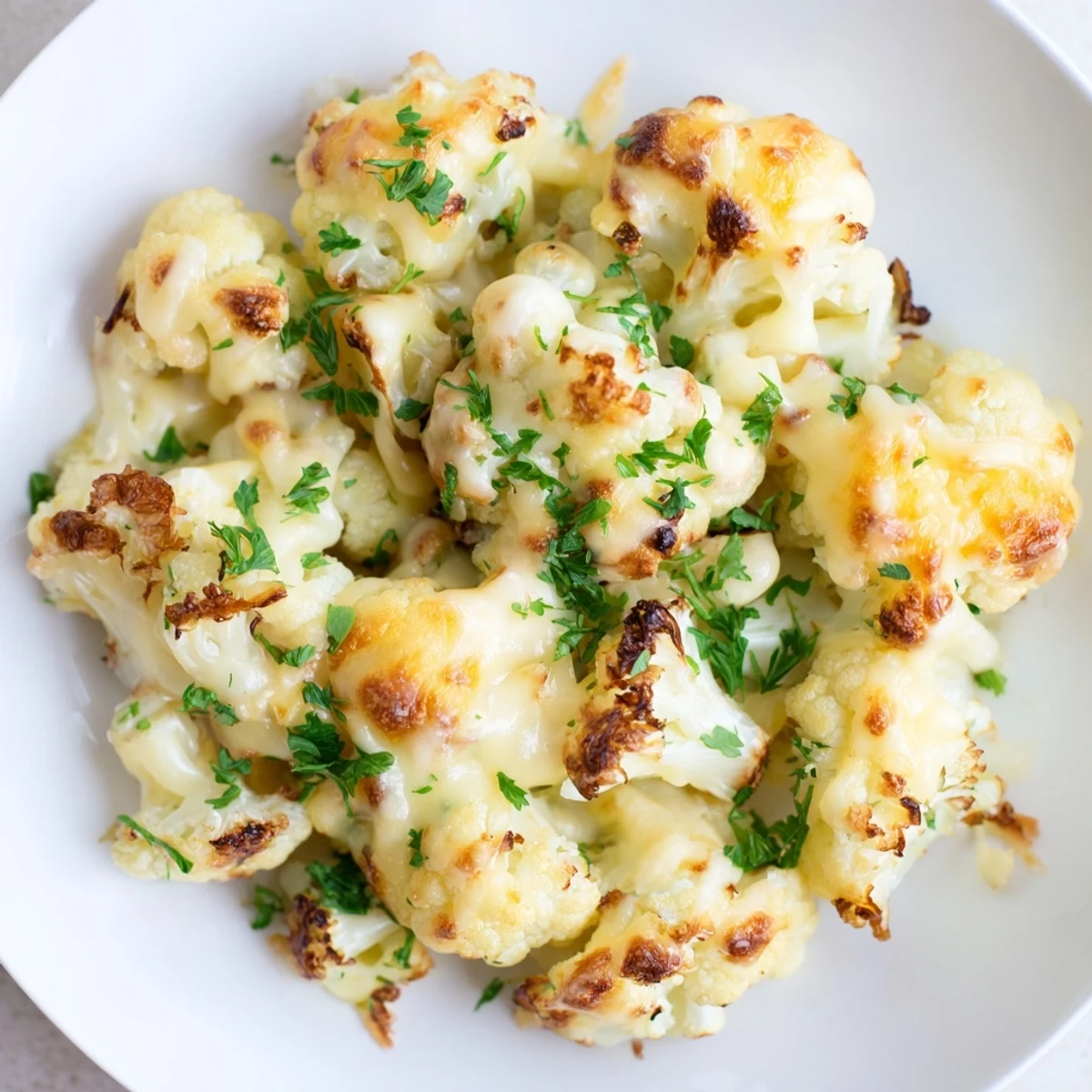 Golden baked Cheesy Cauliflower Mac with a creamy interior and melted cheese, ready to serve.