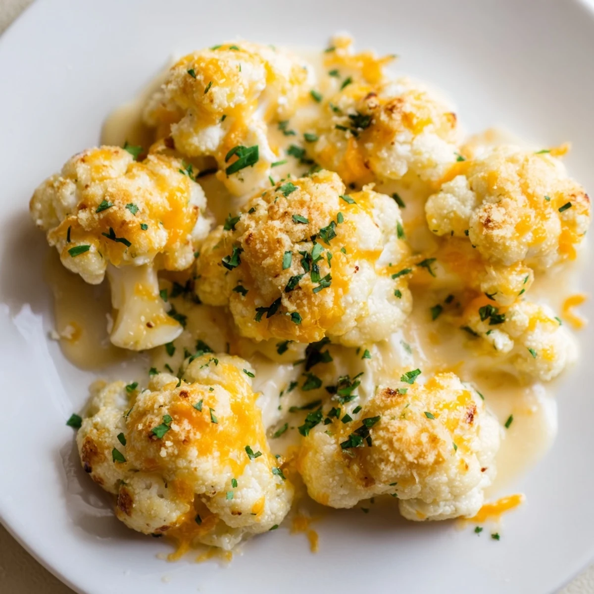 Steaming Cheesy Cauliflower Mac with bubbly cheese topping, promising a comforting low-carb dinner.