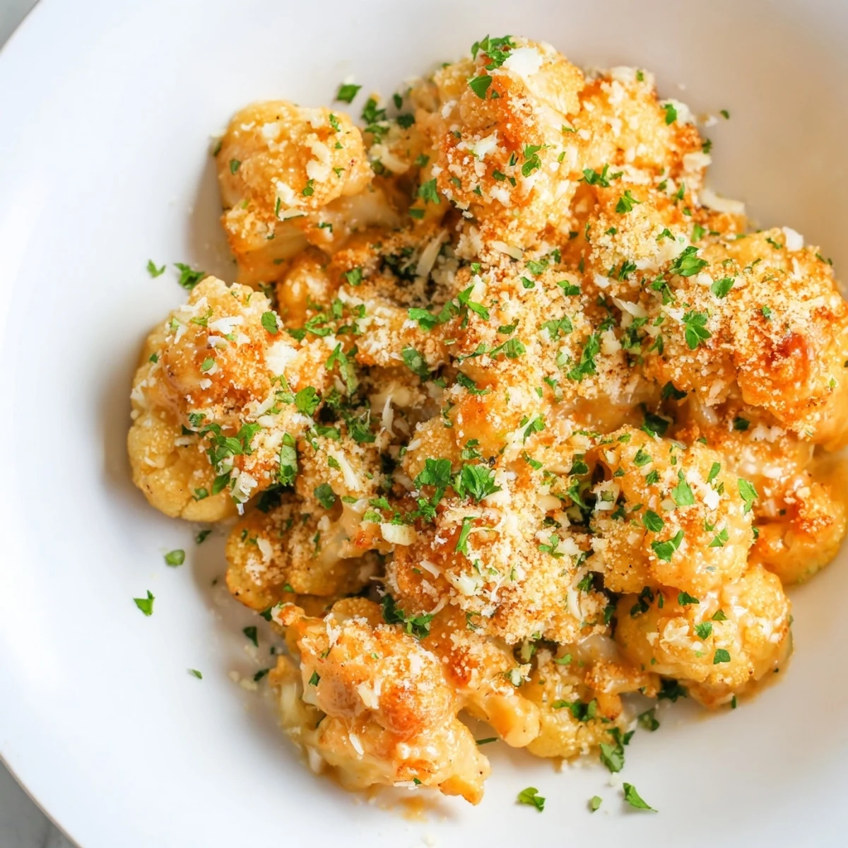 A close-up of cheesy, bubbling Cheesy Cauliflower Mac, a low-carb version of mac and cheese.