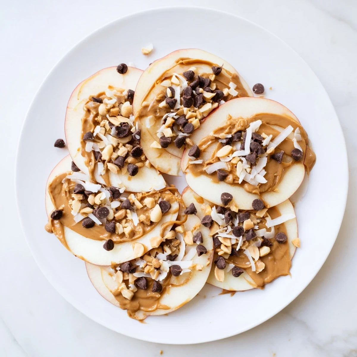 Crisp apple slices covered in peanut butter, a delightful Peanut Butter Apple Nachos snack.