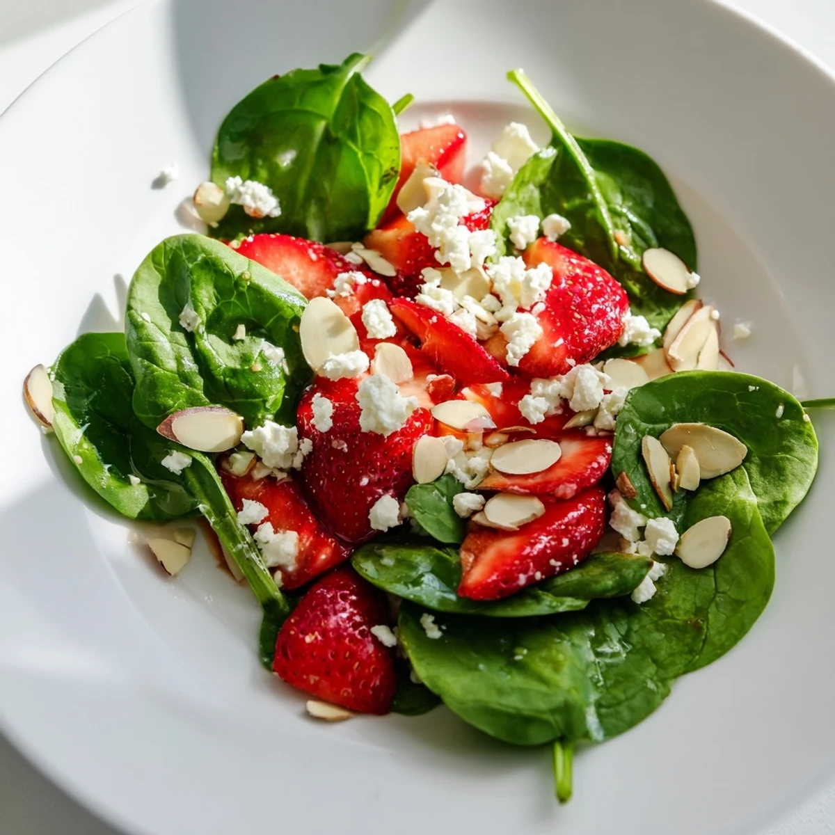 Strawberry Spinach Salad with vibrant red strawberries and crumbled feta, ready to serve.