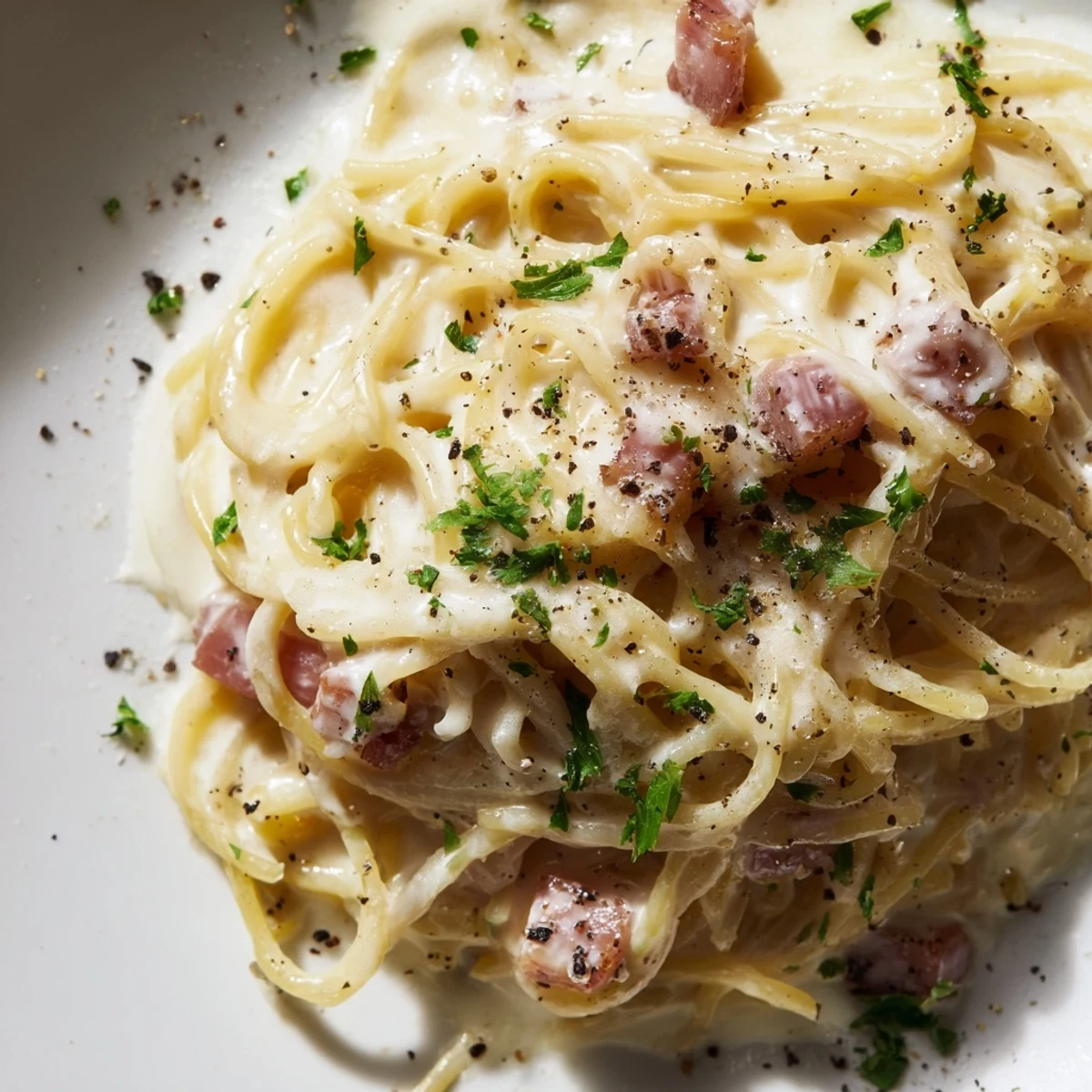 Steaming bowl of Ramen Carbonara Hack with creamy sauce and fresh parsley garnish, ready to enjoy.