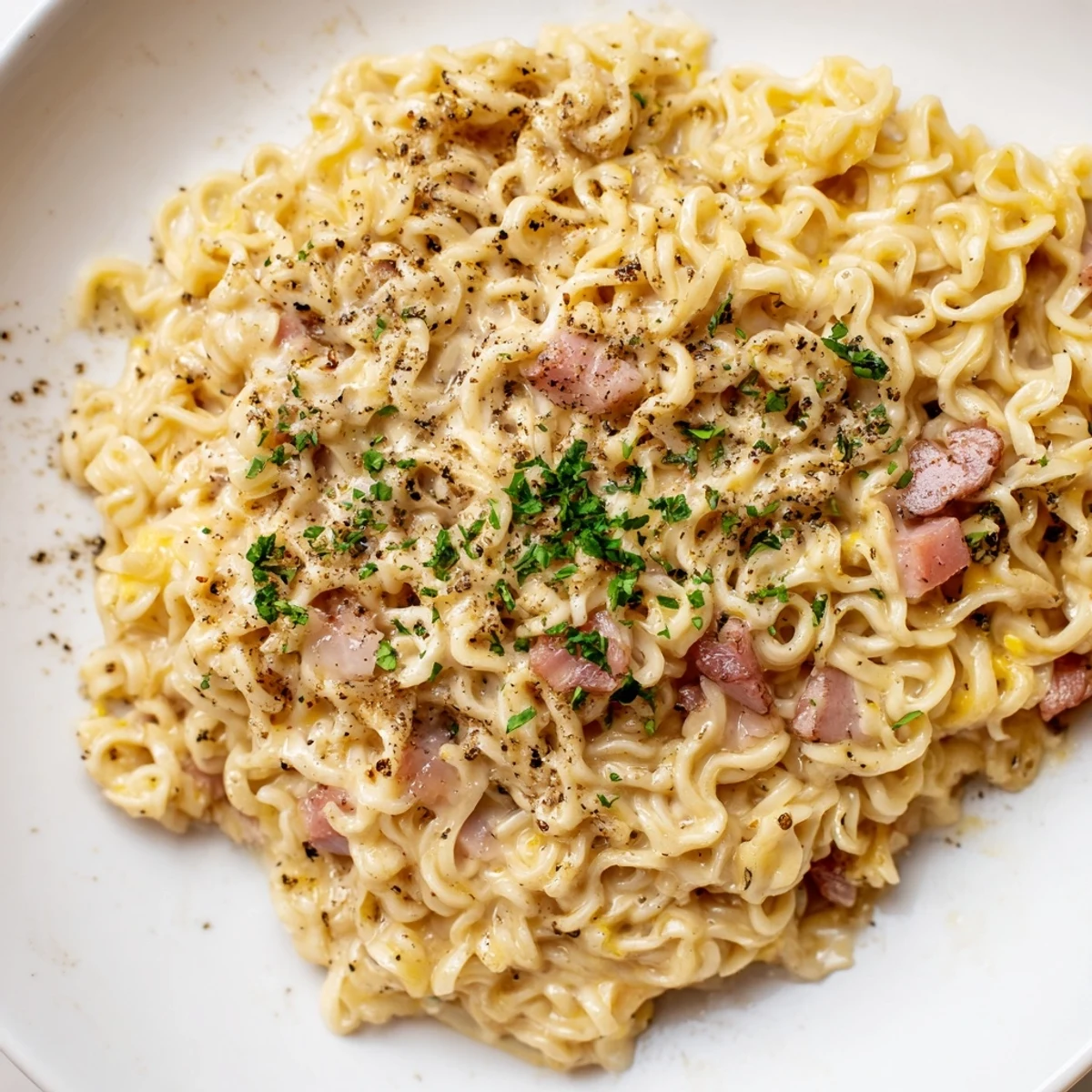 A close-up view of creamy Ramen Carbonara Hack, showcasing perfectly coated noodles and grated Parmesan.