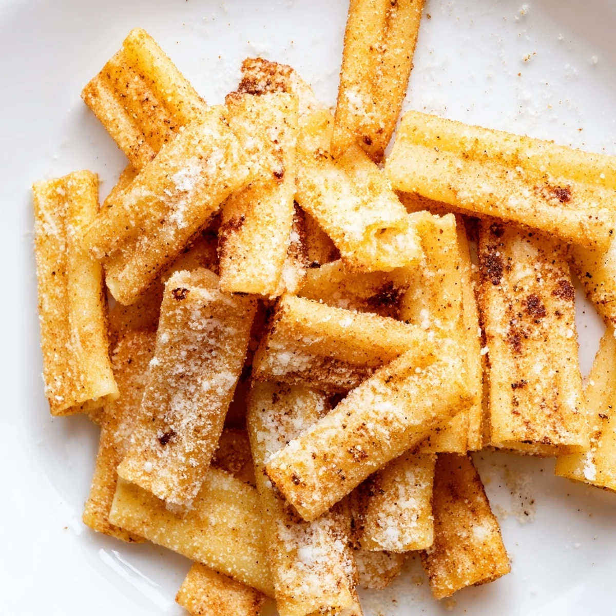 Crispy golden Crunchy Parmesan Pasta Chips ready to be devoured, perfect with marinara dipping sauce.