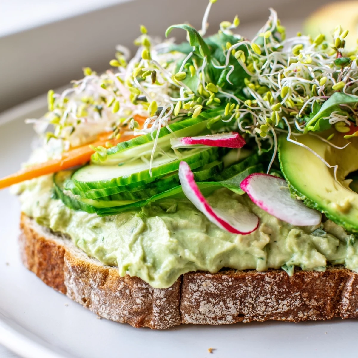 Green Goddess Sandwich overflowing with fresh veggies and creamy herbed spread on toasted bread.