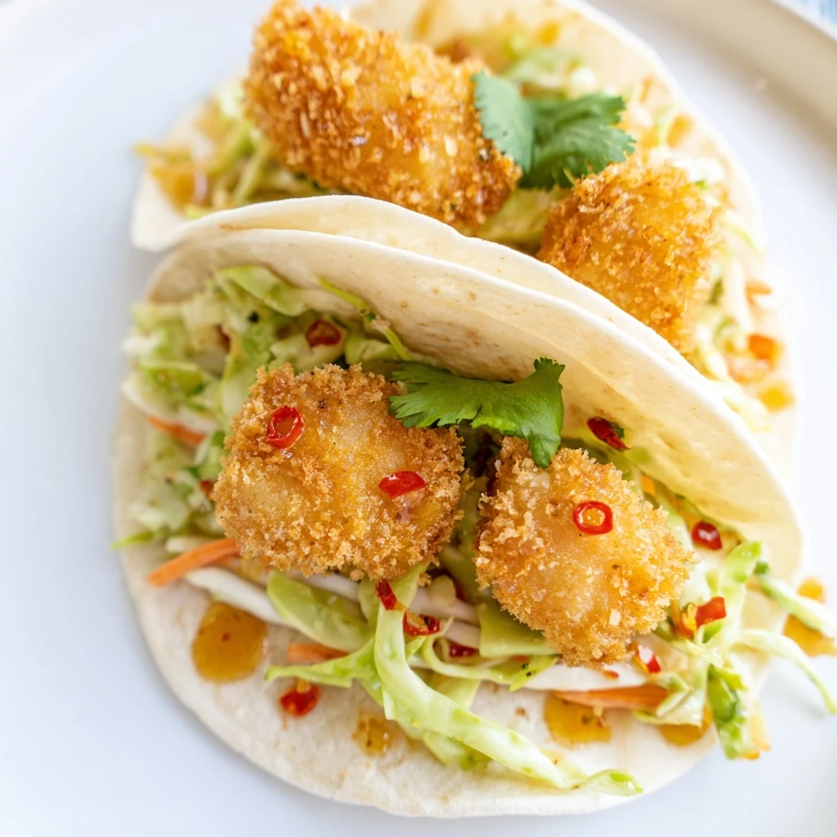 Golden, crispy Hot Honey Chicken Tacos, drizzled with spicy honey and fresh slaw, look absolutely delicious.