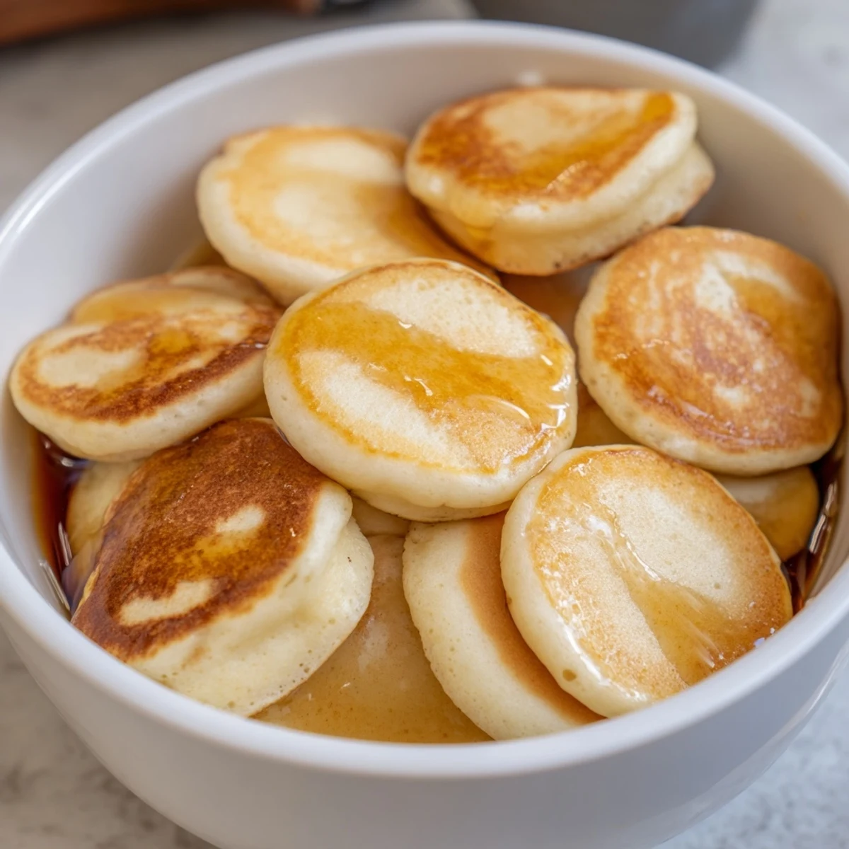 Golden-brown fluffy pancake cereal, ready to be enjoyed with a sweet maple syrup drizzle.