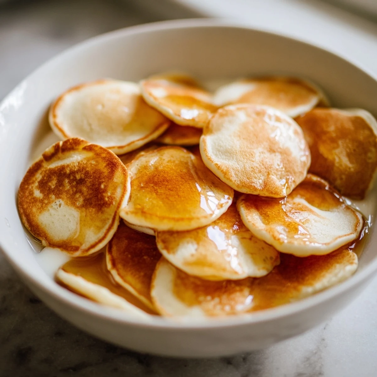 A close-up of perfectly cooked fluffy pancake cereal, perfect for a fun brunch treat.