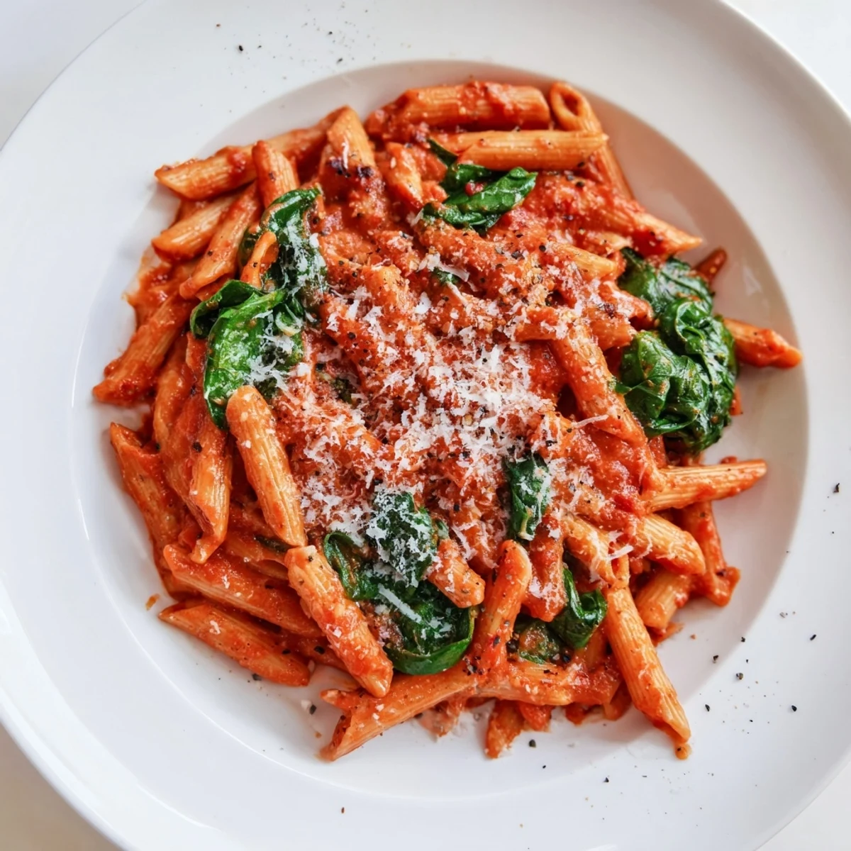 A close-up of Quick Marinara Pasta with Spinach, showcasing the vibrant sauce and tender, wilted spinach.