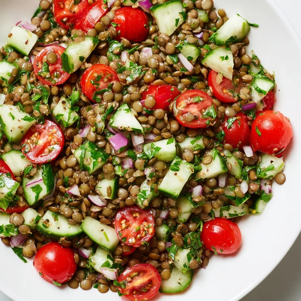 A colorful lentil salad with juicy tomatoes and crisp cucumbers, ready to be enjoyed.