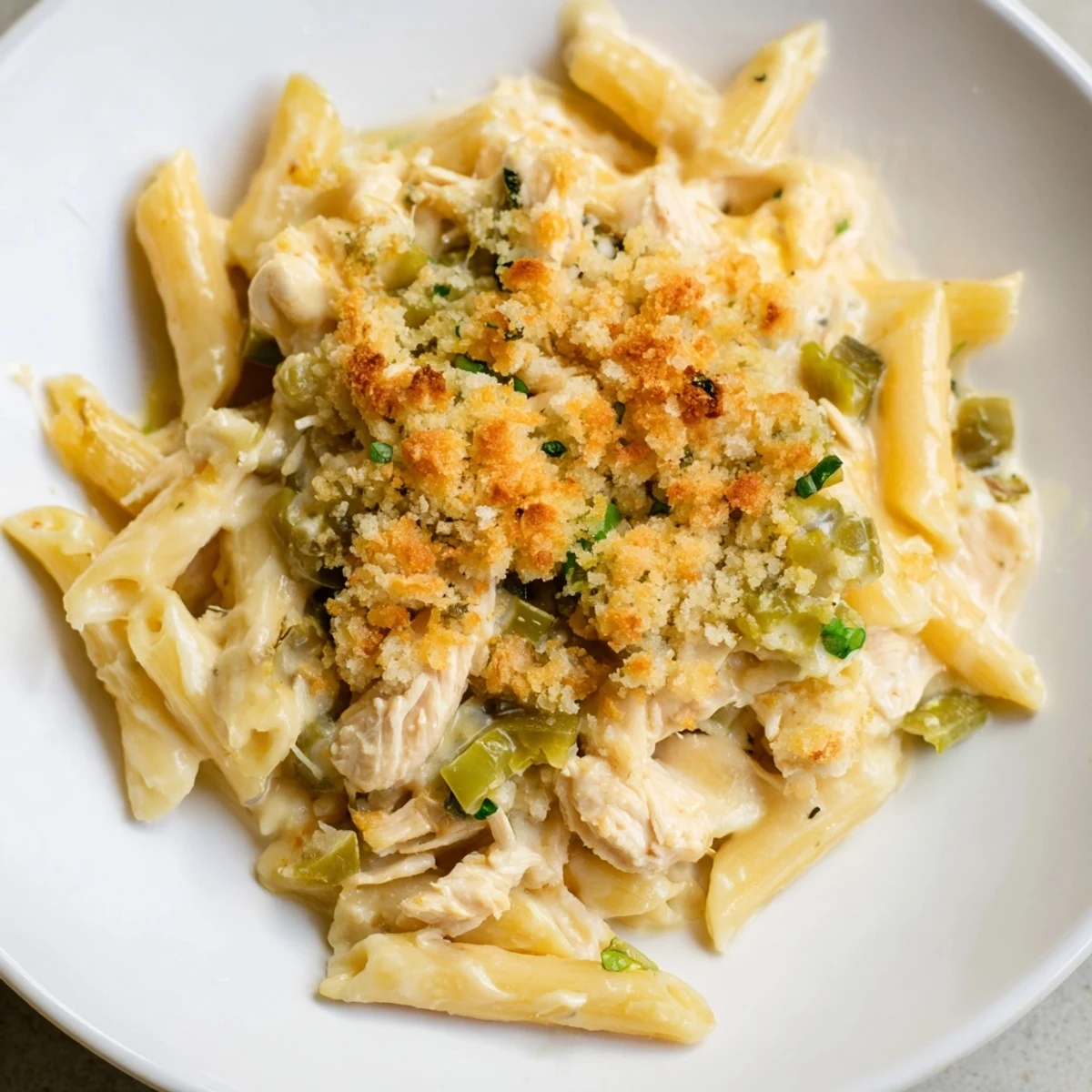Golden-brown Jalapeño Popper Chicken Pasta, a baked casserole with a bubbly, cheesy top and vibrant jalapeños.
