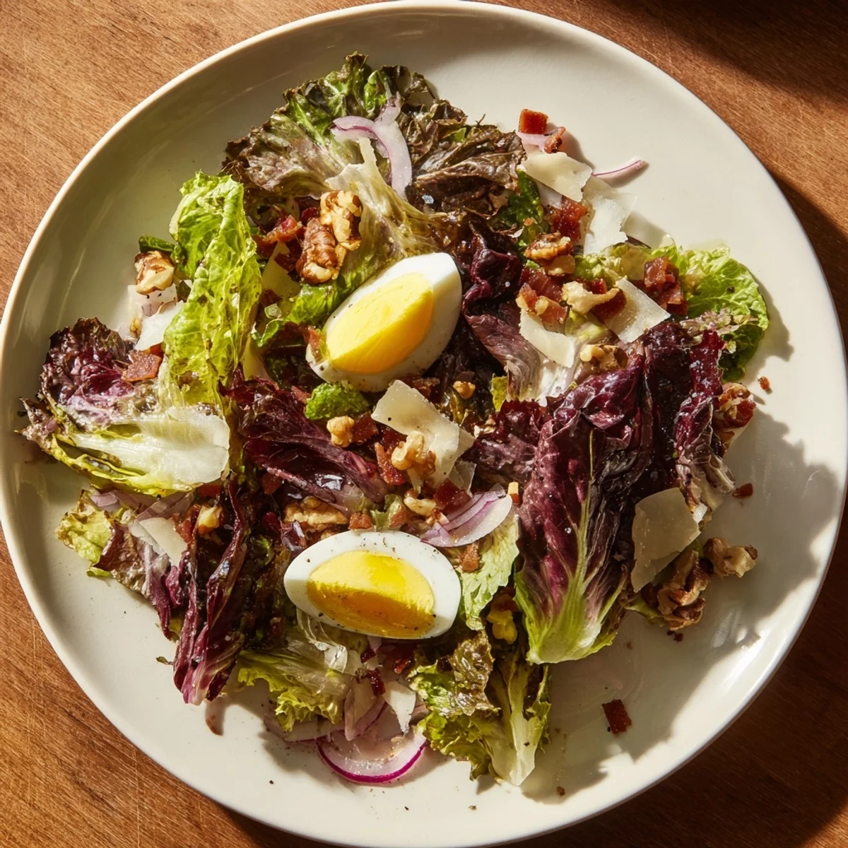 Tossed Bitter Greens Salad with Warm Bacon Dressing, featuring crisp bacon and a tangy vinaigrette.