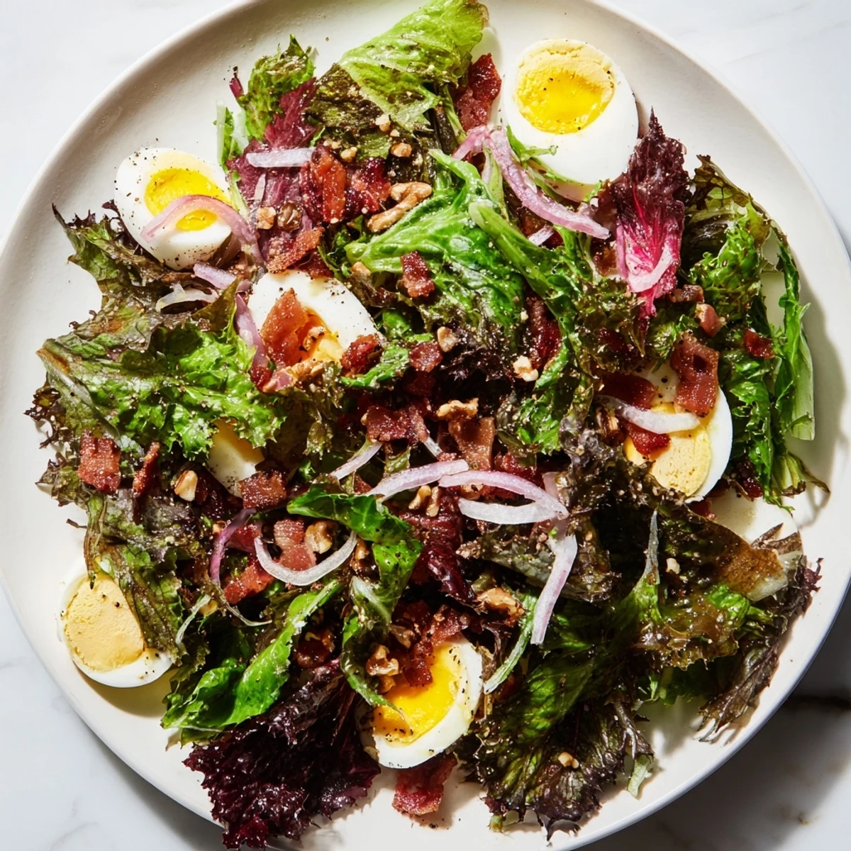 Vibrant Bitter Greens Salad with Warm Bacon Dressing, a delightful, savory salad ready to serve.