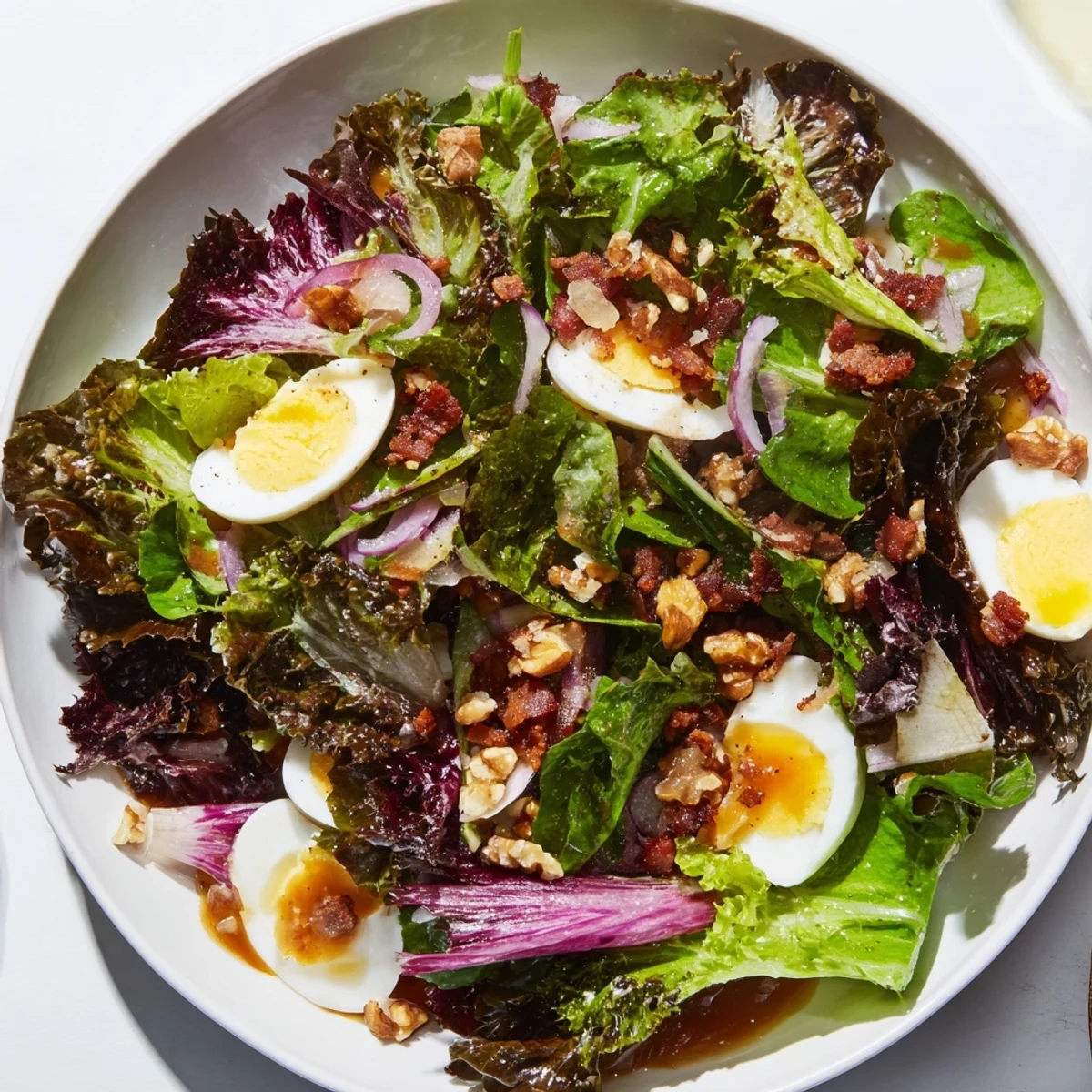 Hearty Bitter Greens Salad with Warm Bacon Dressing, showcasing fresh greens coated in a warm, flavorful dressing.