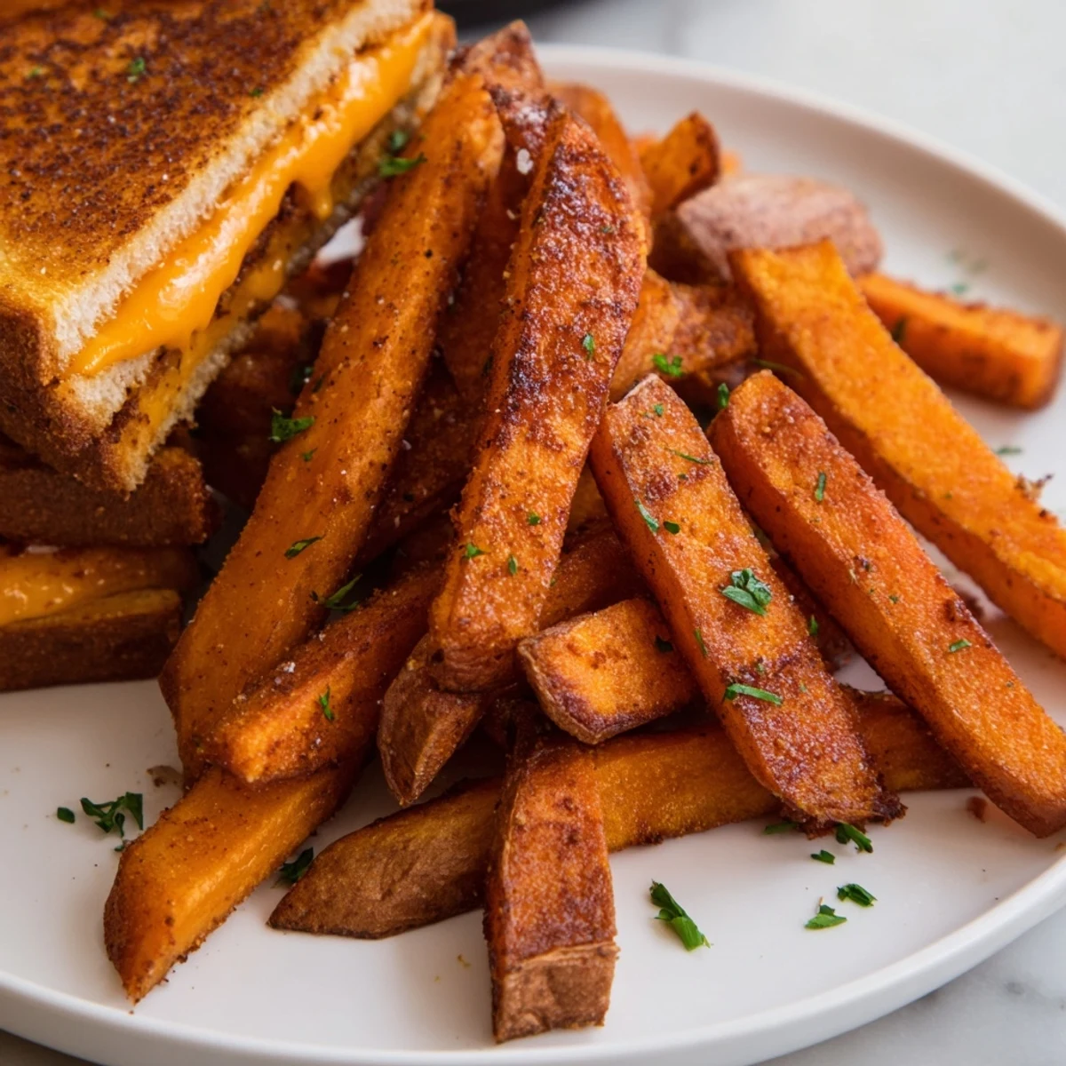 Golden, crispy Beef Tallow French Fries Grilled Cheese alongside a gooey, cheesy sandwich, perfect for lunch.