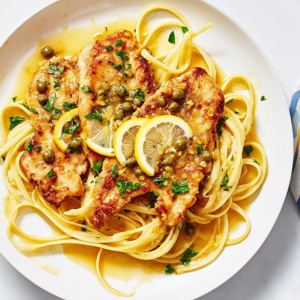 Golden-crusted chicken piccata rests atop perfectly cooked pasta, ready to enjoy this delightful meal.