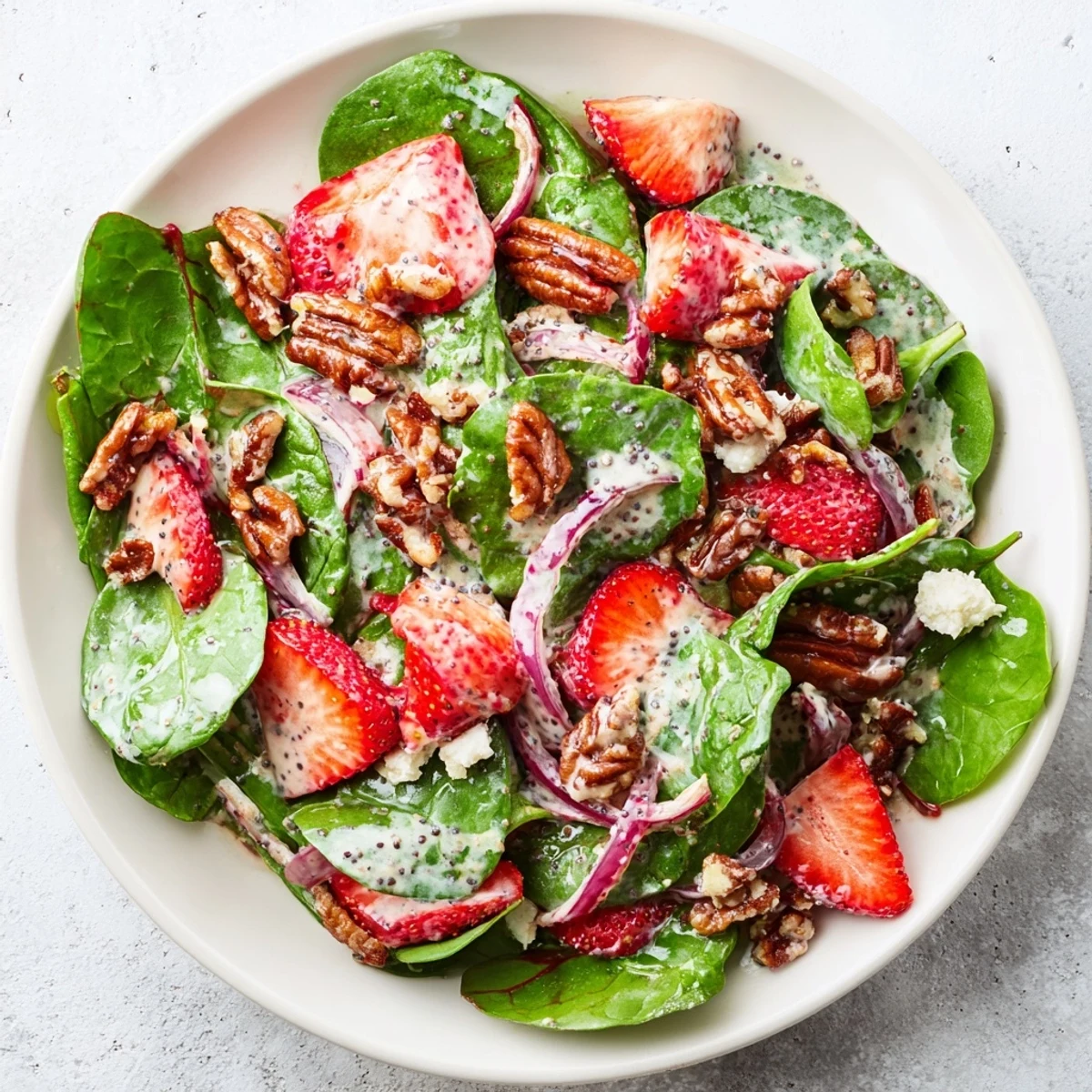 Fresh Strawberry Spinach Salad with candied pecans and poppy seed dressing, vividly presented.