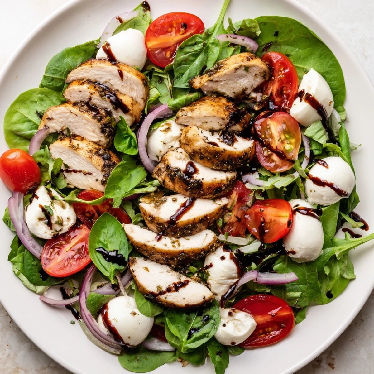 Grilled Caprese Chicken Salad with juicy chicken, ripe tomatoes, and fresh basil, ready to enjoy.