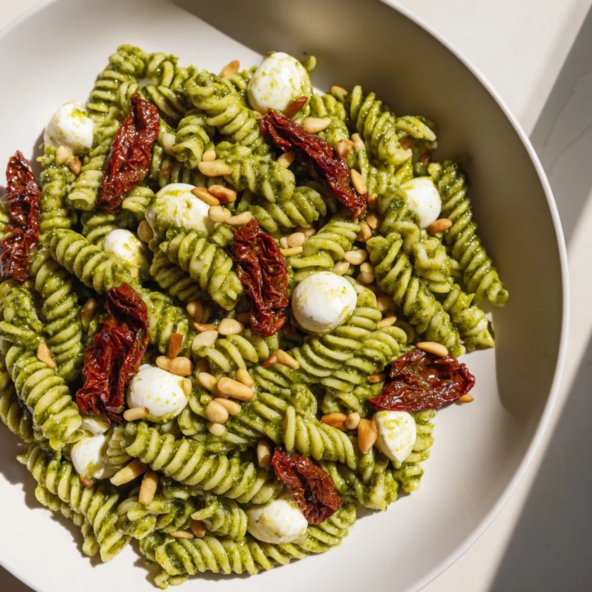 A close-up of pesto pasta salad showing vibrant green pesto coating the pasta perfectly.