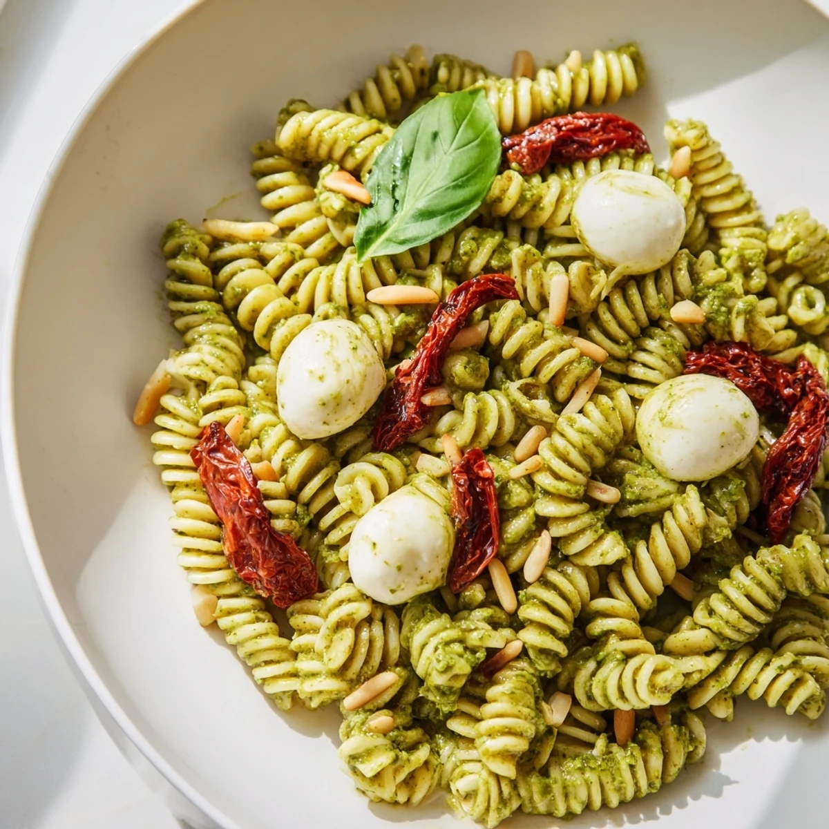 Freshly made pesto pasta salad with sun-dried tomatoes and creamy mozzarella, ready to serve.