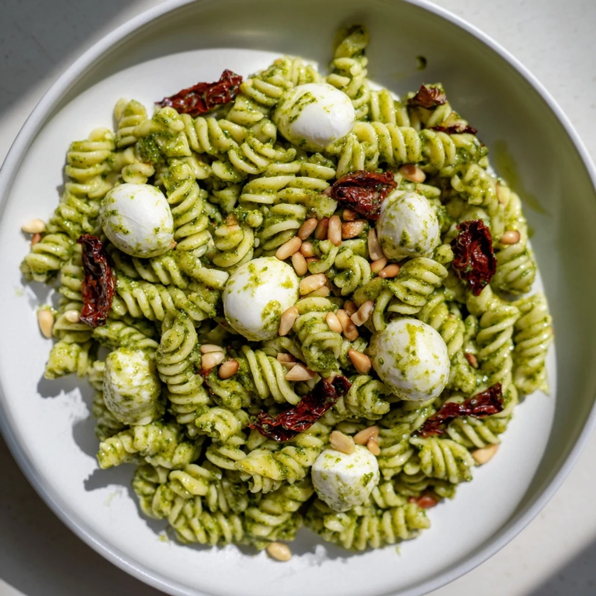 This healthy pesto pasta salad features toasted pine nuts and is perfect for a summer lunch.