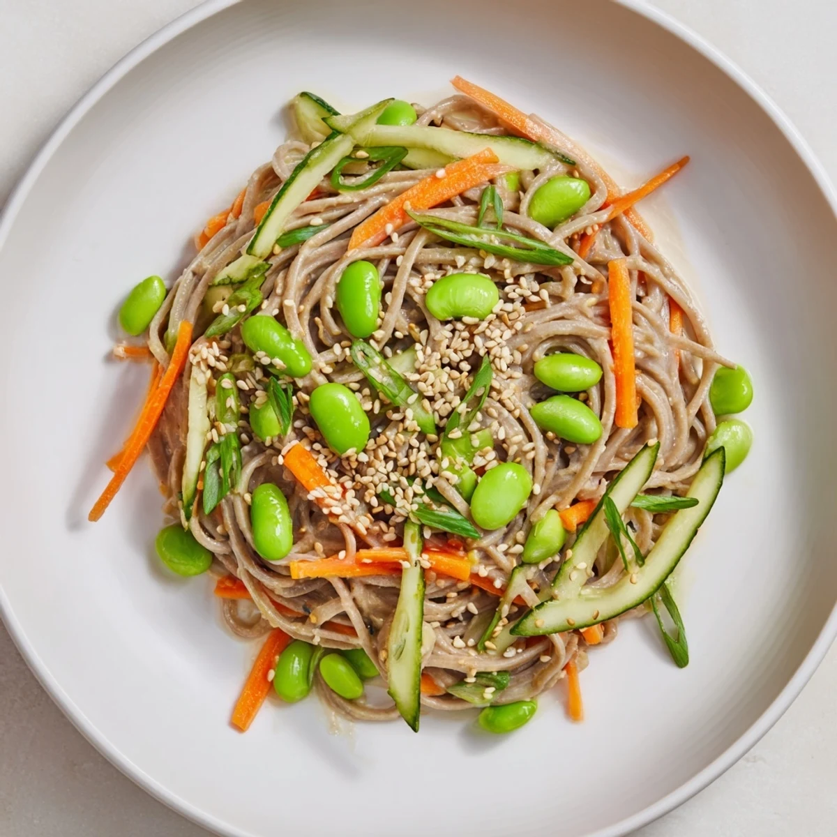 Colorful Asian Sesame Noodle Salad, a refreshing bowl of noodles with crisp veggies and creamy dressing.